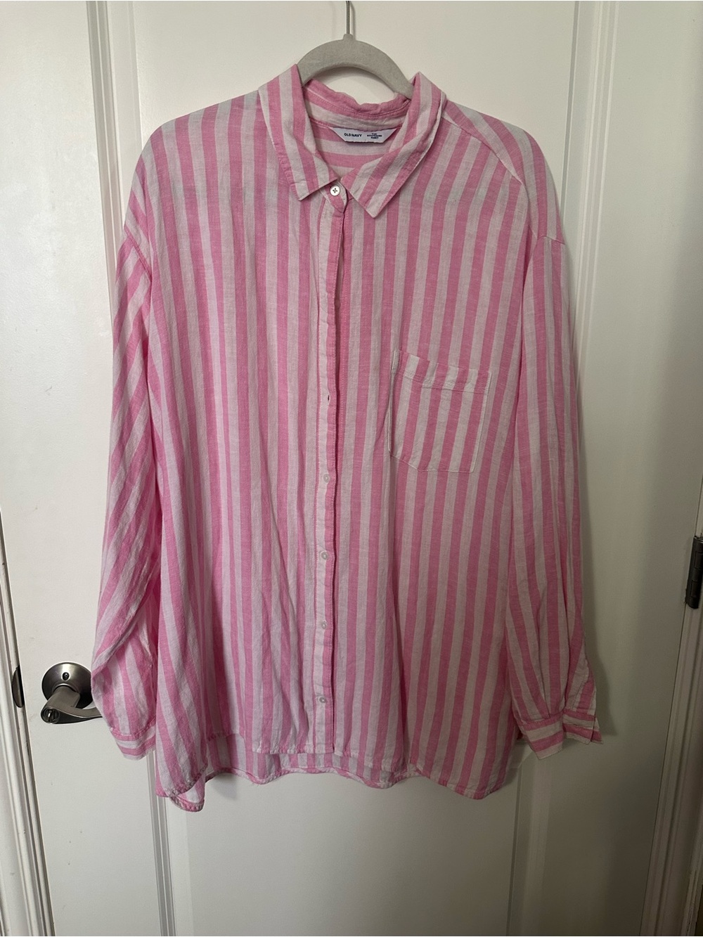 Pink and White Vertical Stripe Button-Up linen Shirt